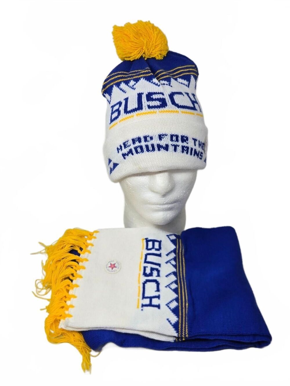 VTG busch head to the mountains hat beanie & scarf set 1980's rare Pom Pom NOS